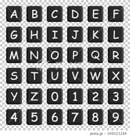 アルファベットと数字の黒いタイル 109321284