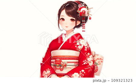 赤い着物を着た女の子 109321323