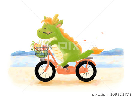 自転車に乗った可愛いリュウ(背景海) 自転車に乗った可愛いリュウ(背景海) 109321772