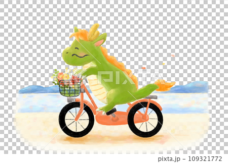 自転車に乗った可愛いリュウ(背景海) 自転車に乗った可愛いリュウ(背景海) 109321772