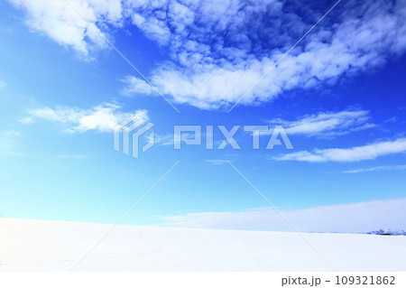 真っ白な雪原と青空が広がる冬の北海道の風景 真っ白な雪原と青空が広がる冬の北海道の風景 109321862