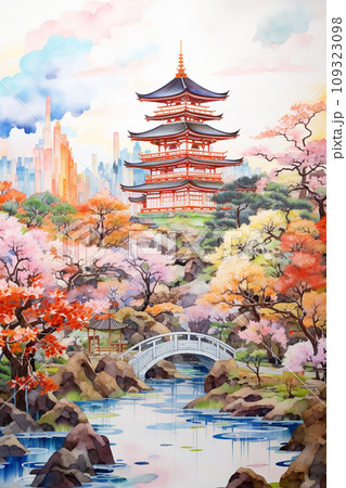 カラフルな日本風の庭園の背景イラスト　AI画像 109323098