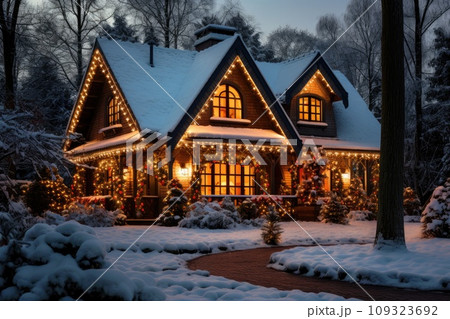 Winter landscape. Cottage house with decorative garland in a snowy forest. Night. AI-generated content 109323692