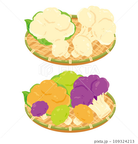 ザルに盛られたカラフルなカリフラワーセット 109324213