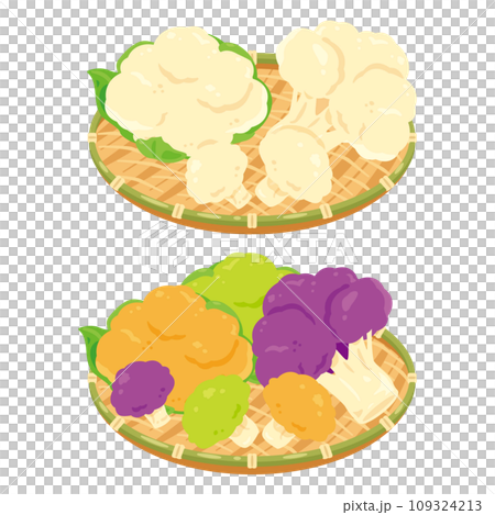 ザルに盛られたカラフルなカリフラワーセット 109324213