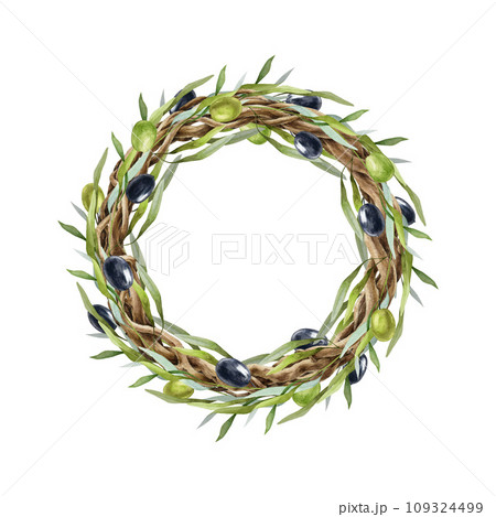 Olive branch round wreath watercolor illustration. Hand drawn olive twig, leaf, berry, vine wreath decoration. Elegant round frame with green leaves and olives decor. Isolated on white background 109324499