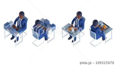 スーツを着てネクタイをしたスマートな男性キャラクターをアイソメトリックに配置した3DCGレンダリング 109325078