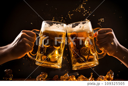Two glasses of beer in cheers gesture, splashing out. Isolated on black background. Two glasses of beer in cheers gesture, splashing out. Isolated on black background. 109325505