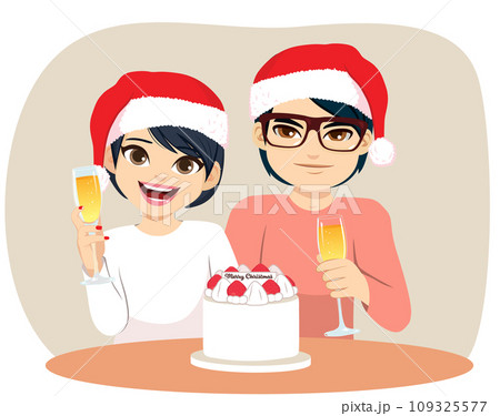 Japanese Couple Christmas Holiday Cake Celebration Japanese Couple Christmas Holiday Cake Celebration 109325577