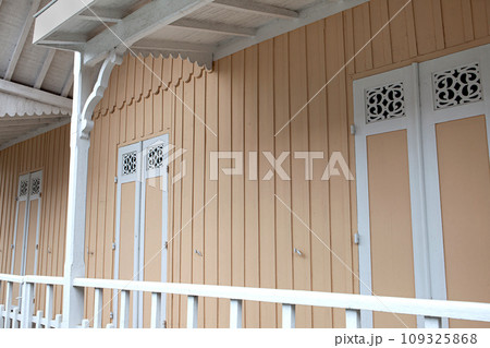 Nobody on the terrace and closed shutters Nobody on the terrace and closed shutters 109325868