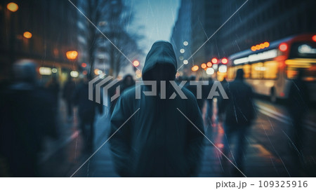 anonymous people in hoodies on street of city, concept of street crime 109325916