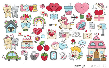 Vector cartoon set of Saint Valentine day elements with cupid, unicorn, hearts, cats, rainbow, perfect match. Cute funny kawaii line illustrations or icons for kids with love concept Vector cartoon set of Saint Valentine day elements with cupid, unicorn, hearts, cats, rainbow, perfect match. Cute funny kawaii line illustrations or icons for kids with love concept 109325950