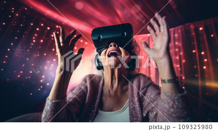 old lady in VR glasses plays in online game, happy aged woman wearing virtual reality headset in home 109325980