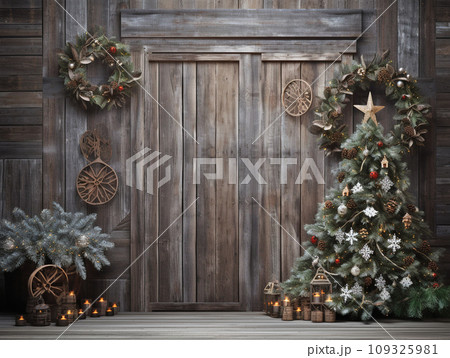 Christmas fir tree with gifts on a old wooden background 109325981