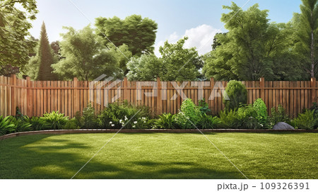green grass lawn, flowers and wooden fence in summer backyard garden 109326391