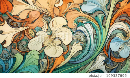 Intertwined floral patterns in Art Nouveau style, idea for background or wrapper design, delicate green shades of summer flowers, International Women's Day card design 109327696