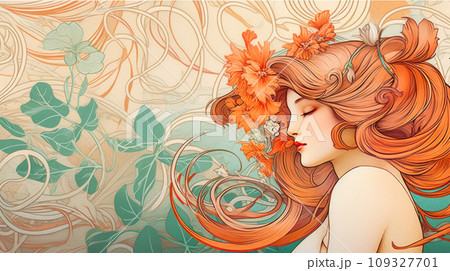 Portrait of a girl in vintage art nouveau style with complex bright and rich botanical shades and ornate organic details, illustration with congratulations on Women's Day and the onset of spring 109327701