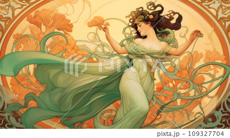 Vintage illustration with complex bright and rich botanical shades and ornate organic details with a dancing girl, card with congratulations on Women's Day and the coming of spring Vintage illustration with complex bright and rich botanical shades and ornate organic details with a dancing girl, card with congratulations on Women's Day and the coming of spring 109327704