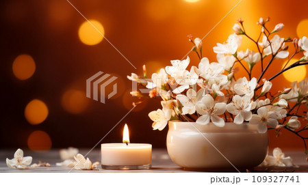burning gel candle on the table next to the first spring flowers on a white background with blurred lights and with copy space, idea for a card for Candlemas burning gel candle on the table next to the first spring flowers on a white background with blurred lights and with copy space, idea for a card for Candlemas 109327741