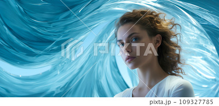 Web banner portrait of a girl in a whirlwind of water with free space for the concept, advertising spa or cosmetic products, caring for women's health, beauty water treatments and skin care 109327785
