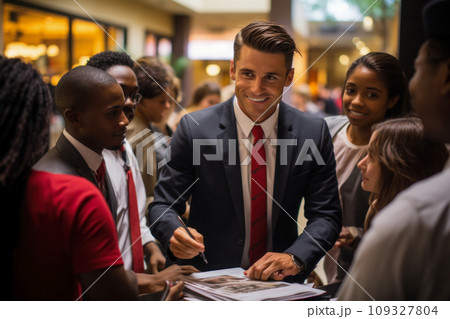 Political campaign, a candidate stands surrounded by his constituents in a hotel lobby, dressed in a suit and tie, signing posters after a rally for his constituents Political campaign, a candidate stands surrounded by his constituents in a hotel lobby, dressed in a suit and tie, signing posters after a rally for his constituents 109327804