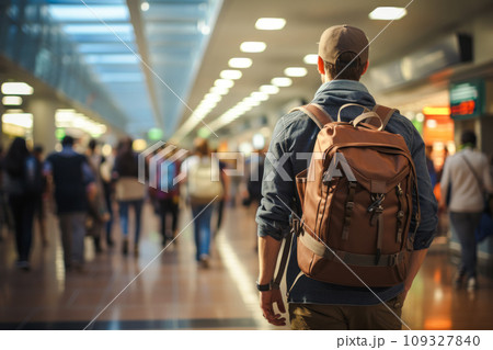 A guy with backpacks on his back walks through the airport terminal to board a plane, vacation time, copy space for concept A guy with backpacks on his back walks through the airport terminal to board a plane, vacation time, copy space for concept 109327840
