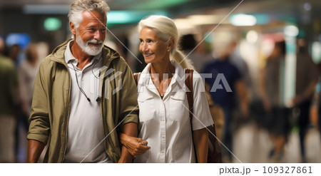An adult married couple walks through the airport terminal to check in for a flight, copy space for travel advertising concept An adult married couple walks through the airport terminal to check in for a flight, copy space for travel advertising concept 109327861