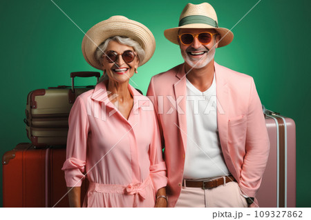 Portrait of an elderly couple in pink suits on a green background and suitcases ready for a trip to the sea, adult travelers celebrating their wedding anniversary Portrait of an elderly couple in pink suits on a green background and suitcases ready for a trip to the sea, adult travelers celebrating their wedding anniversary 109327862