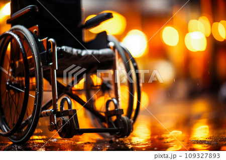 Free and convenient accessibility of movement for people with limited mobility, a wheelchair stands in an autumn park, copied space for a concept 109327893