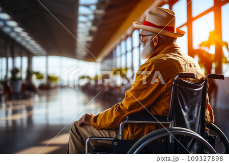 Convenience of modern airport terminals accessible to people with limited mobility, adult man in a wheelchair in a modern airport terminal waiting to check in for a flight 109327898