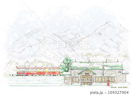 幾寅駅 幌舞駅 列車が走る ポストカード 横 色鉛筆画 109327904