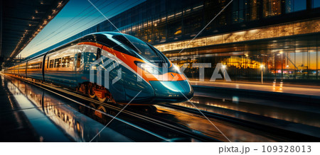 Banner with moving modern passenger train through the station, copy space. High-speed trains, concept for development of railway communication in the country, advertising of passenger transportation Banner with moving modern passenger train through the station, copy space. High-speed trains, concept for development of railway communication in the country, advertising of passenger transportation 109328013