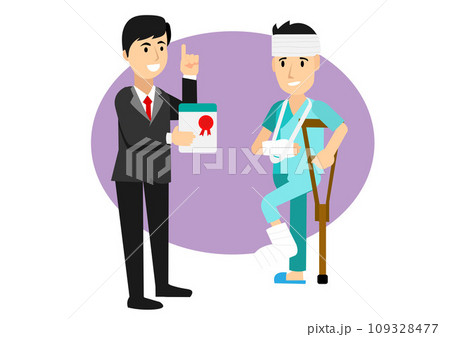 Life insurance agent explains rights to receive treatment After this man had an accident his arm and leg were broken. Vector illustration 109328477