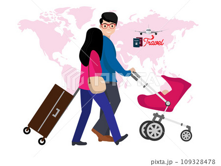 Mother and father pushing a baby stroller together Mom and Dad walked around on the weekend. Vector illustration Mother and father pushing a baby stroller together Mom and Dad walked around on the weekend. Vector illustration 109328478