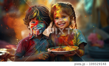 A boy and a girl with joyful faces at the celebration of the Holi festival. A boy and a girl with joyful faces at the celebration of the Holi festival. 109329148