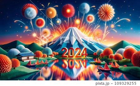 Origami Fireworks over Mount Fuji with 2024 Reflection 109329255