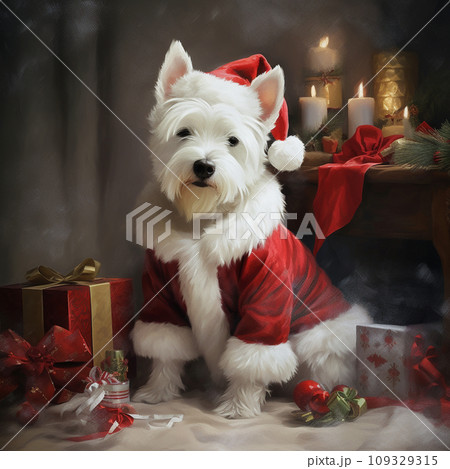サンタの服を着た犬 ホワイトテリア クリスマス AI画像 サンタの服を着た犬 ホワイトテリア クリスマス AI画像 109329315
