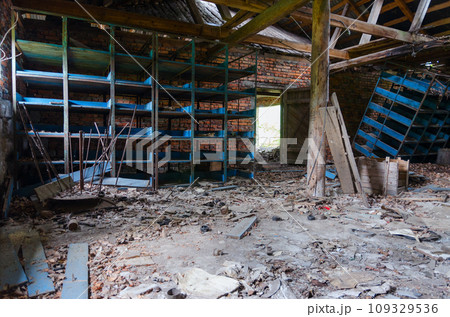 Devastation in premises of former mechanized yard of state farm in resettled village of Pogonnoye in Chernobyl exclusion zone, Belarus Devastation in premises of former mechanized yard of state farm in resettled village of Pogonnoye in Chernobyl exclusion zone, Belarus 109329536