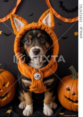 A puppy in an orange hat sits in a pumpkin, around Jack-o'-lanterns 109329781