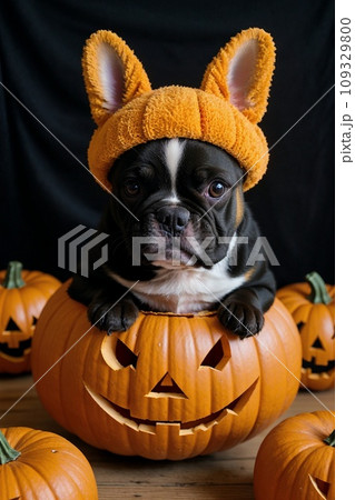 A French bulldog puppy in an orange hat sits in. Stock Illustration 109329800 PIXTA