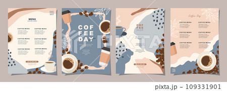 Set of sketch banners with coffee beans and leaves on colorful background for poster, cover, menu or another template design. vector illustration. 109331901