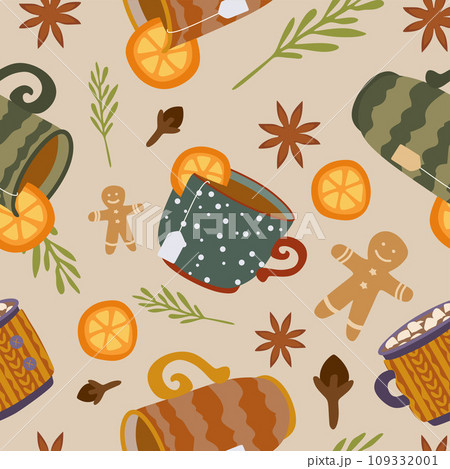 Ceramic tea cups and mugs seamless pattern. Vector Flat cartoon background with ceramic and porcelain teacups, spices, Orange slices. Color template with tasty food and drinks for restaurant, perk. 109332001