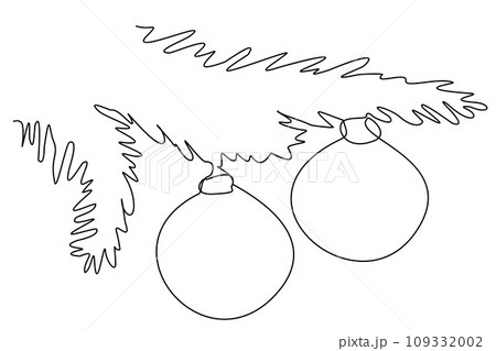 Vector one line illustration of a fir tree branch with decorative ball. Christmas theme design isolated on white. Template for Greeting card, Festive invitation, Holiday decoration, Placard.	 109332002