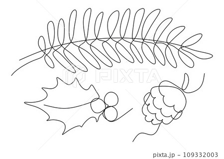 Set of hand drawn fir tree branch, cone and holly. Continuous line drawing illustration. Collection of nature elements, plants. Winter and Holiday template for decoration, design art, Postcard. 109332003