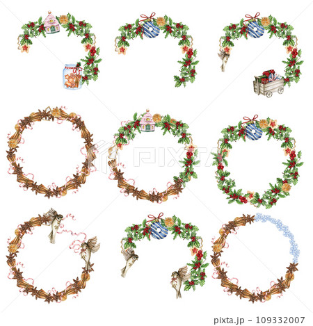 Christmas wreath with plants, watercolor illustration for cards, backgrounds, scrapbooking. Hand drawn background with New year plants and berries for your design. Perfect for wedding invitation. 109332007