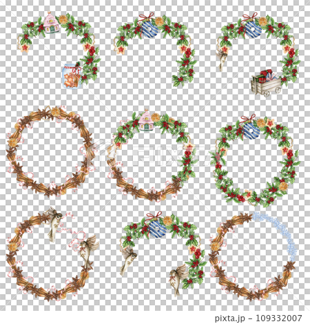 Christmas wreath with plants, watercolor illustration for cards, backgrounds, scrapbooking. Hand drawn background with New year plants and berries for your design. Perfect for wedding invitation. 109332007