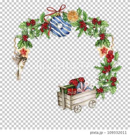 Christmas wreath with plants, watercolor illustration for cards, backgrounds, scrapbooking. Hand drawn background with New year plants and berries for your design. Perfect for wedding invitation. 109332011
