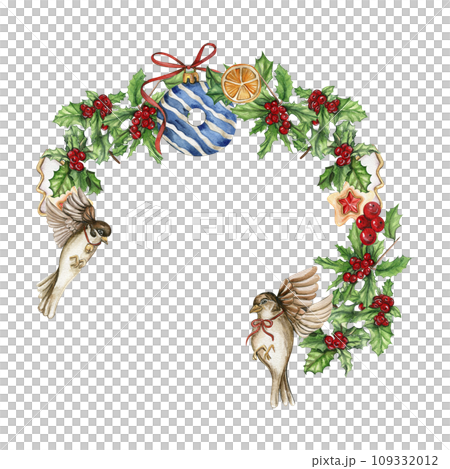 Christmas wreath with plants, watercolor illustration for cards, backgrounds, scrapbooking. Hand drawn background with New year plants and berries for your design. Perfect for wedding invitation. Christmas wreath with plants, watercolor illustration for cards, backgrounds, scrapbooking. Hand drawn background with New year plants and berries for your design. Perfect for wedding invitation. 109332012