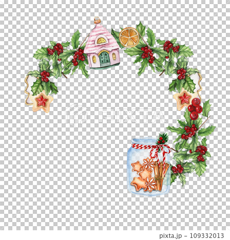 Christmas wreath with plants, watercolor illustration for cards, backgrounds, scrapbooking. Hand drawn background with New year plants and berries for your design. Perfect for wedding invitation. Christmas wreath with plants, watercolor illustration for cards, backgrounds, scrapbooking. Hand drawn background with New year plants and berries for your design. Perfect for wedding invitation. 109332013