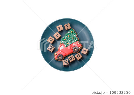 Beautiful Christmas composition with copy space with an inscription in wooden cubes 109332250